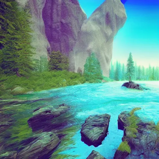 Image similar to a beautiful landscape, river, rocks, trees, glitch, glitchy, vhs