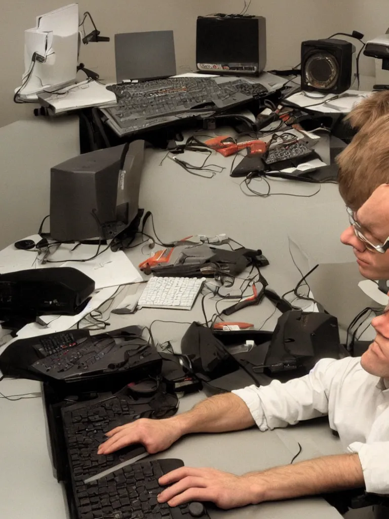 Image similar to John Carmack sleeping at desk near 90s computer running quake II, michaelangelo style