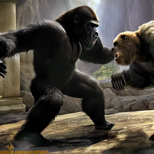 Image similar to a bear and a gorilla fighting in mortal kombat, highly detailed, 4 k