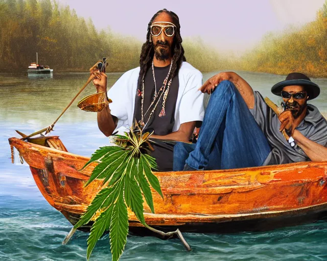 Prompt: photograph of Snoop Dogg sitting in a fishing boat on a river and holding a huge cannabis plant, highly detailed, 4k, hd