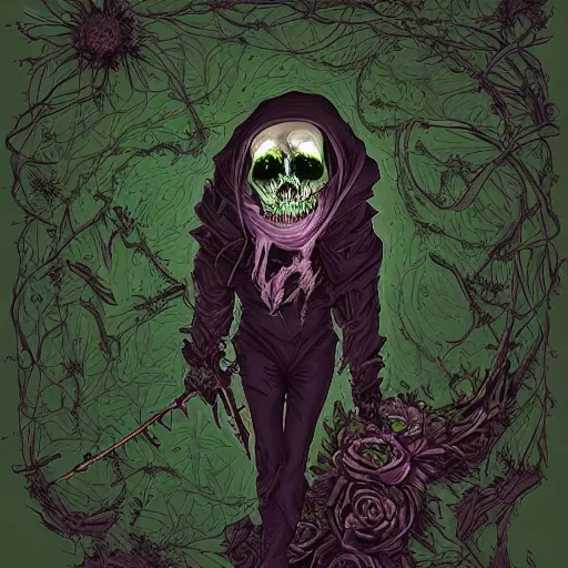 Prompt: spectral drifter, dark fantasy, flowers, pathway by josan gonzalez, black and green color scheme , horror, death, gore, guts, cgsociety