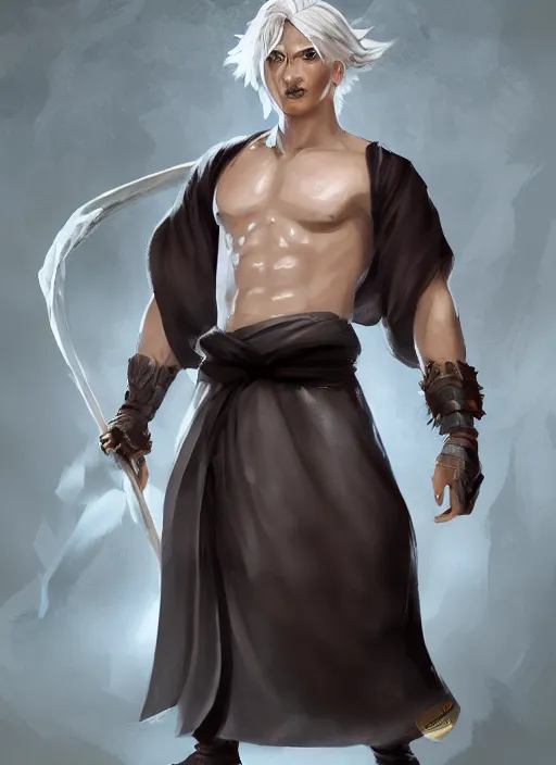 Prompt: a highly detailed illustration of short white hair parted down middle fierce asian man, wearing hakama, with black sclera eyes, heroically battle posing, muscular, intricate, elegant, highly detailed, by greg rutowski, centered, digital painting, artstation, cgsociety, concept art, smooth, sharp focus, league of legends concept art, WLOP