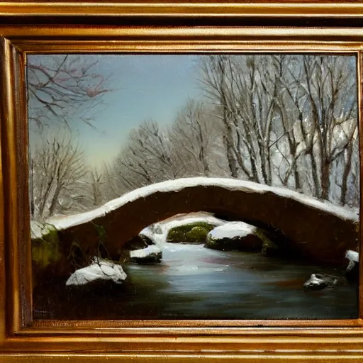 Image similar to Stone bridge over brook, pastoral scene. Winter, fresh snow. Oil on canvas, award winning