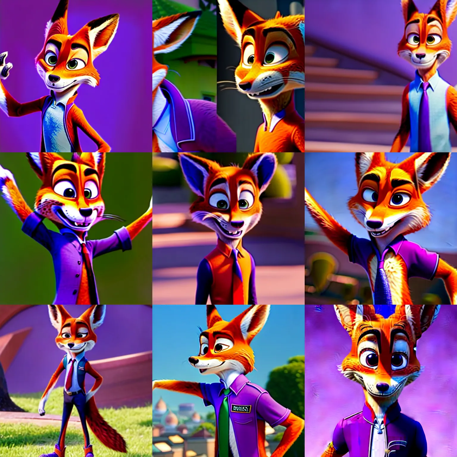 Image similar to Nick Wilde (from Zootopia) wearing a purple uniform