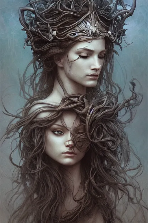 Image similar to Fallen Mother Goddess detailed art,A beautiful long-haired banshee with a human face, dark fantasy, cinematic lighting, intricate, elegant, highly detailed, digital painting, artstation, smooth, sharp focus, illustration, art by artgerm and greg rutkowski and zdislav beksinski and Wayne Barlowe and william-adolphe bouguereau