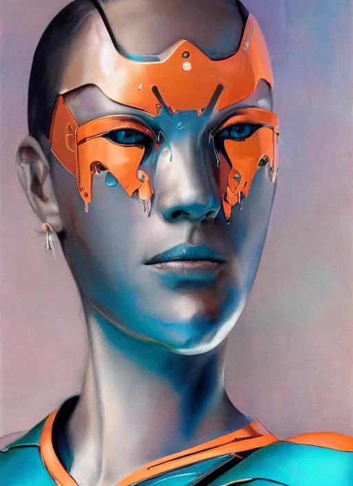 Image similar to ( ( symmetry ) ) closeup portrait of a chrome stunning cyborg girl crying tears, racer jumpsuit with shoulder pads, strong cinematic light, teal orange, viscous volumetric smoke, mist, by gerald brom, by mikhail vrubel, by peter elson, muted colors, extreme detail, trending on artstation, 8 k