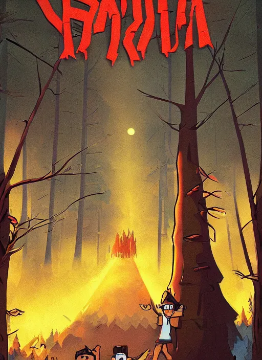 Image similar to Russian bootleg gravity falls poster, dramatic theming, disney animated series, mood lighting, unfortunate, hand painted cartoon art style, brutal, autumn, golden sunset, nostalgia, scenic, with text, 8k, award winning