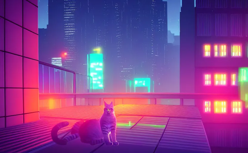 a cat observing a neon city from the roof of a | Stable Diffusion | OpenArt