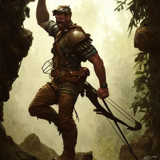 Prompt: Rugged male ranger laughing with his friends, relaxed, D&D, muscular, upper body, fantasy, intricate, elegant, highly detailed, digital painting, artstation, concept art, smooth, sharp focus, illustration, art by artgerm and greg rutkowski and alphonse mucha