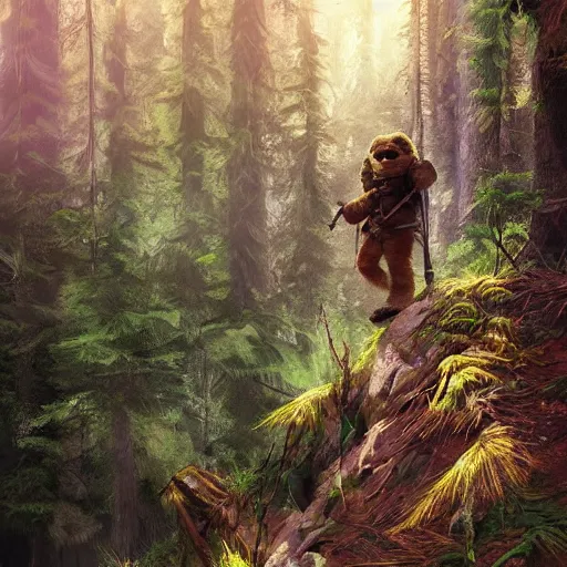 Image similar to adventurous ewok hiking up hills through the tall wooded forest, artstation, colorful