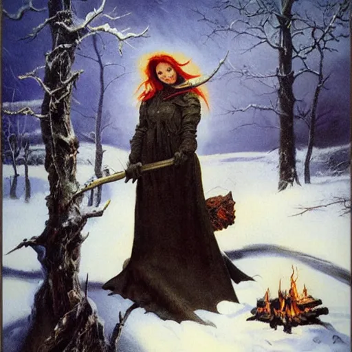 Prompt: ultra realistic portrait painting of a witch in the snow by a fire, art by frank frazetta, vintage levi ’ s ad, stormy weather, dark vibes, 4 k, ultra realistic, highly detailed, epic lighting