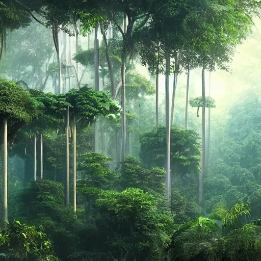 Image similar to treetop houses in a jungle, matte painting, trending on artstation, style of Monet,