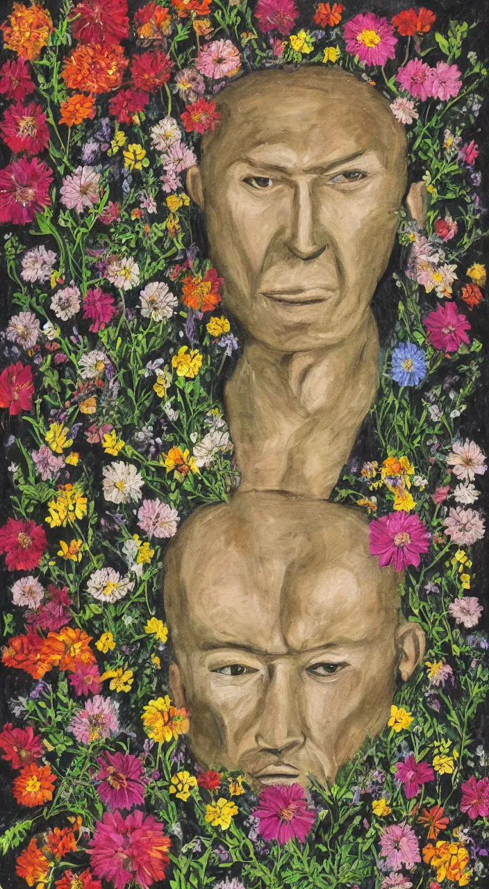 Prompt: a portrait of an ant faced man rounded by flowers, by well renowned world artist