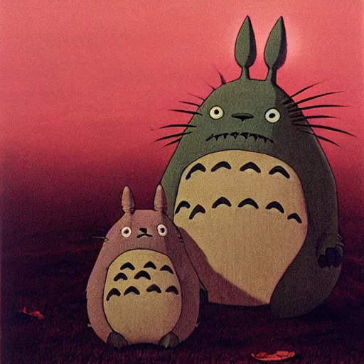 Prompt: Totoro staring, Studio Ghibli, Zdzisław Beksiński