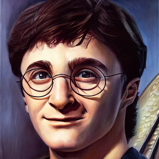 Image similar to detailed portrait of harry potter if his parents lived intricate, hyper detailed, realistic, oil painting, by julie bell, frank frazetta, cinematic lighting