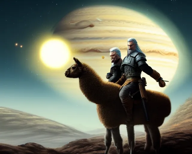 Image similar to 5 5 mm portrait photo of geralt riding an alpaca on the surface of io. jupiter is visible in the background. gritty fantasy atmosphere. art by greg rutkowski. highly detailed 8 k. intricate. lifelike. soft light. nikon d 8 5 0.