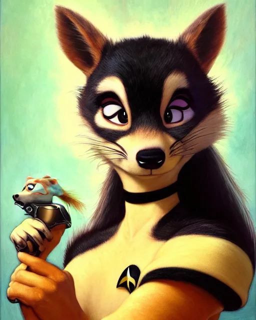 Image similar to painting of anthromorphic female skunk wearing starfleet uniforms, zootopia, fursona, furaffinity, 4 k, deviantart, furry art, wolf fursona, very expressive detailed feminine face, gaston bussiere, craig mullins, jc leyendecker, gustav klimt, artgerm, greg rutkowski, alphonse mucha