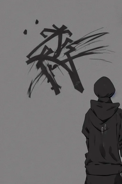 Prompt: anime young guy wearing black hoodie leaning against a wall with japanese graffiti, wlop, concept art, digital painting, trending on artstation, highly detailed, epic composition, 8 k uhd