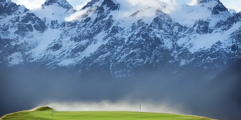 Image similar to a great photograph of the most amazing golf hole in the world, perfect light, in the swiss alps, high above treeline, ambient light, 5 0 mm, golf digest, top 1 0 0, fog