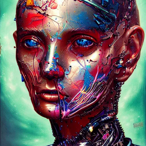 Image similar to portrait of an Android, melting ,8k,by tristan eaton,Stanley Artgermm,Tom Bagshaw,Greg Rutkowski,Carne Griffiths, Ayami Kojima, Beksinski, Giger,trending on DeviantArt,face enhance,hyper detailed,minimalist,cybernetic, android, blade runner,full of colour