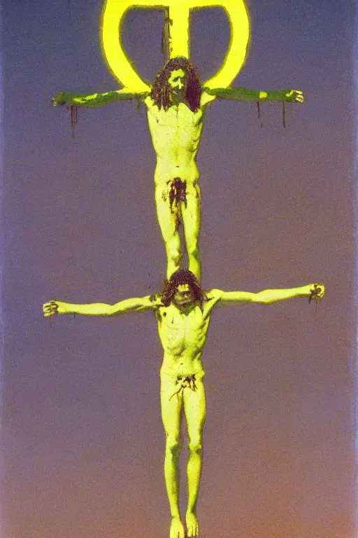 Image similar to bloody christ crucified and some bright ufo in the sky painted by cy twombly and andy warhol