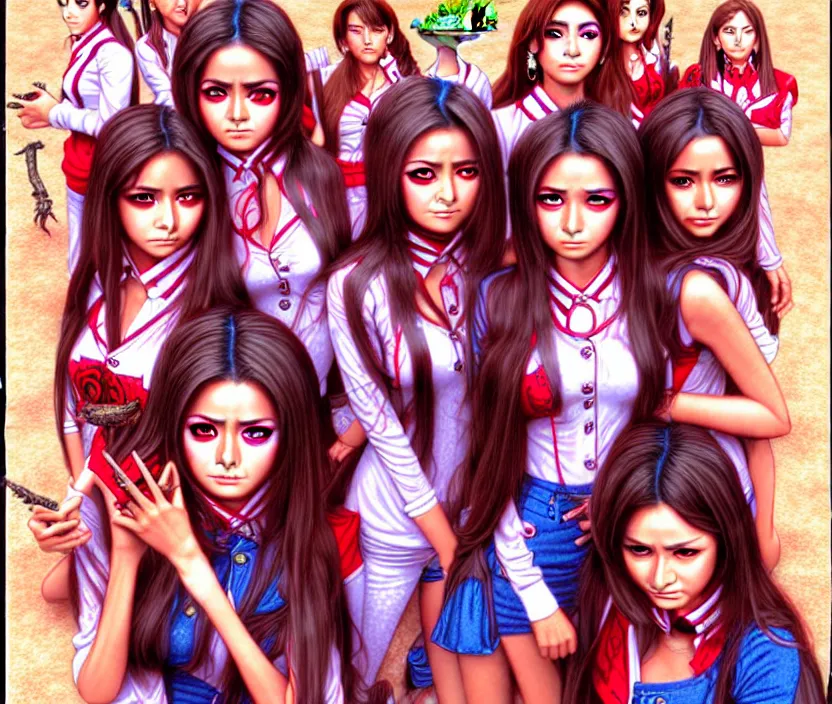 Prompt: richly detailed colored pencil 3D illustration of the female students of the Mexican telenovela called Rebelde who are resigned to their fate of being engulfed by an evil toad demon. surreal art by Range Murata and Artgerm.