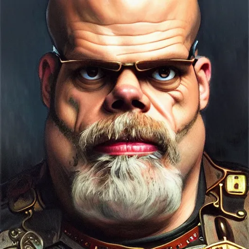 Image similar to full portrait of paul teutul as colonel wednesday bologna, fantasy, d & d, intricate, detailed, by by alphonse mucha, adolfo hohenstein, alice russell glenny, stanley artgerm lau, greg rutkowski, detailed, trending on artstation, trending on artstation, smooth