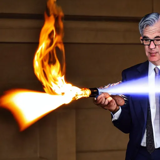 Image similar to photo of Jerome Powell using a flamethrower projecting a long flame. award-winning, highly-detailed