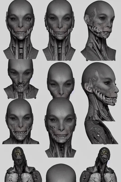 Image similar to septum nose piercing!! cyborg female with gunmetal grey skin, medical anatomy, paneled face, highly detailed, mecha, mechanical implants, three - perspective / three - view reference sheet ( front / back / side ), in the style of dan ouellette, dren from splice, hr giger, sil from species, artstation, unreal engine