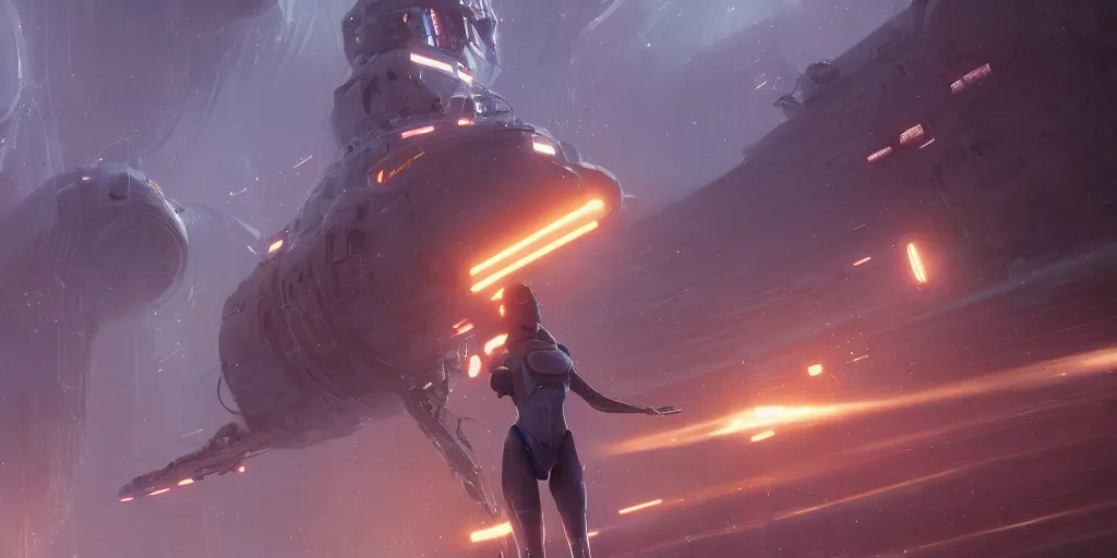 Image similar to girl in the sci - fi heavy suite, deep space, gray and orange colours, landing gear, avatar, cinematic keyframe, by fausto de martini, by wadim kashin, ultra realistic, cinematic light, ue 5, featured on artstation, octane render, sharp focus, ray tracing, artstationhq, cgsociety, cinematic 8 k.