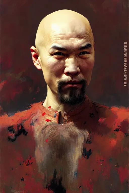 Prompt: bald kazakh guy with a short beard, painted by ruan jia, raymond swanland, lawrence alma tadema, zdzislaw beksinski, norman rockwell, jack kirby, tom lovell, alex malveda, greg staples