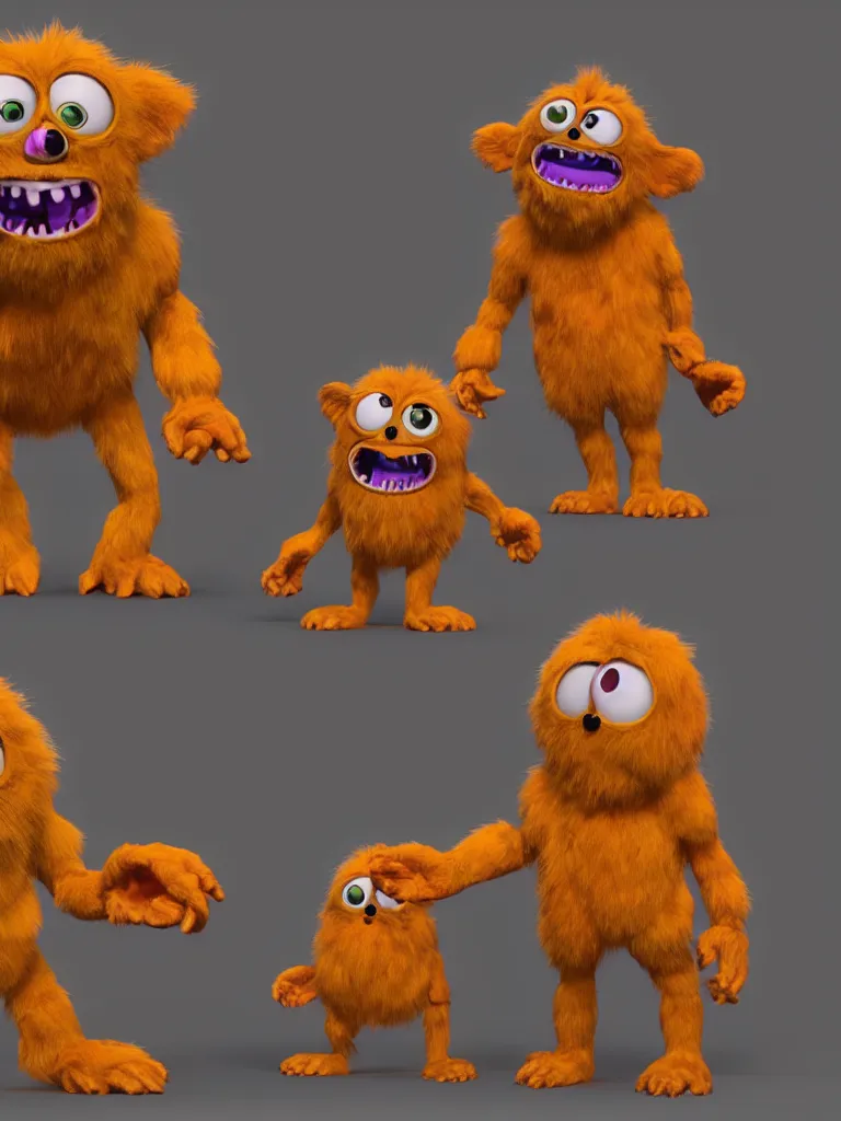 Prompt: smiling colorful furry monster toys each with gloved hands on their arms and boots on their feet and two big round eyes aligned horizontally, 3D model unreal engine highly detailed rendered in pixar renderman