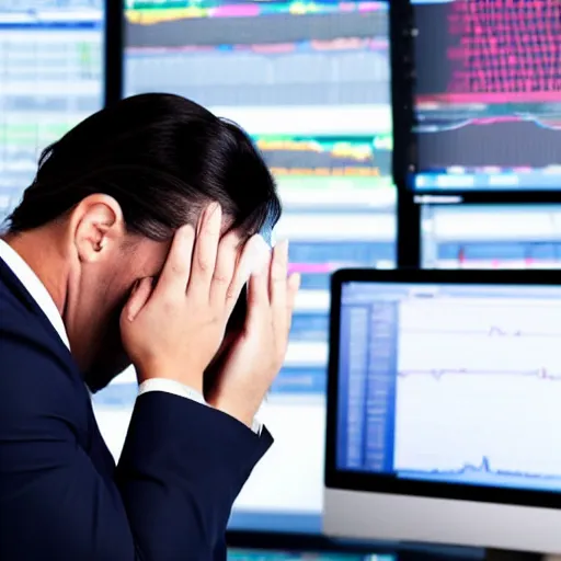 Image similar to a day trader crying in front of a computer