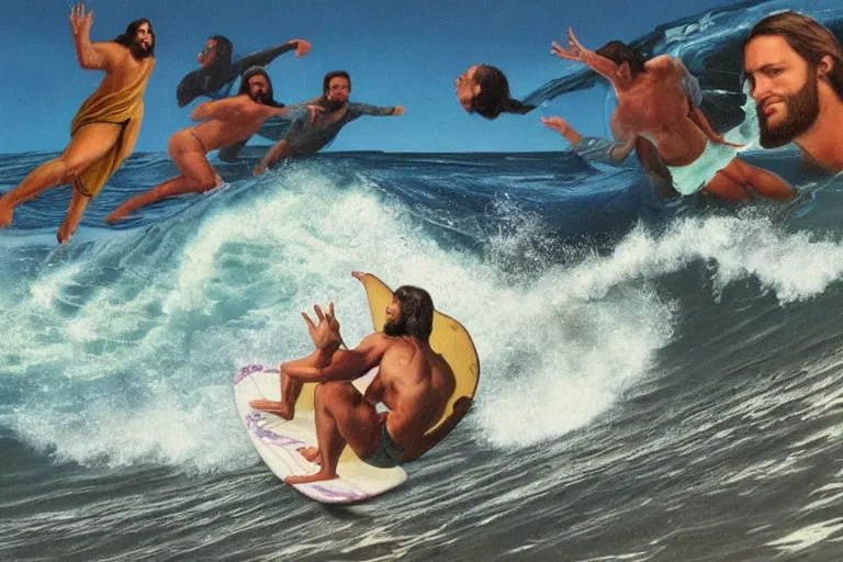 Image similar to jesus surfing the vibe wave