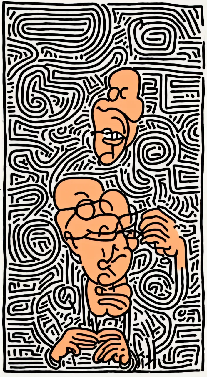 Prompt: line portrait of larry david eating a bagel by keith haring. hyper - realistic, 8 k, hd