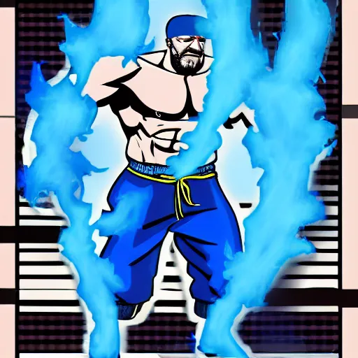 Image similar to buff Walter White Hadoken a ball of blue fire to the right side of the screen, accurate anatomy, accurate hands, highly detailed, digital art, smooth,