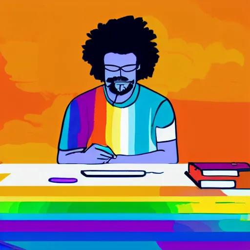 Image similar to pride artwork of man writing a poem on his computer, pride month, colorful, love, 4 k art