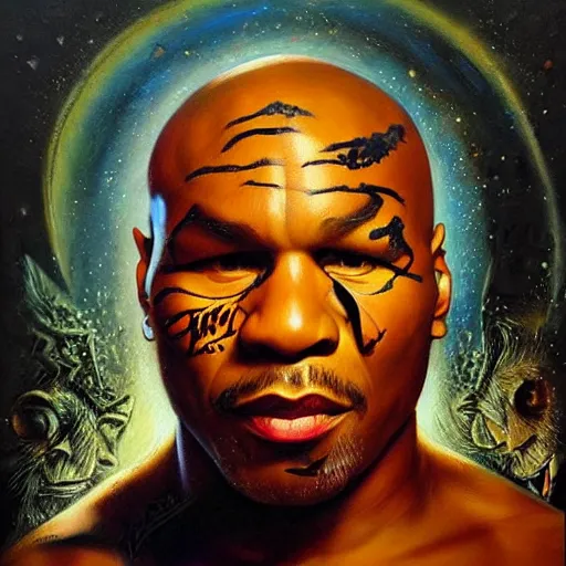 Image similar to mike tyson, ethereal, painting by karol bak