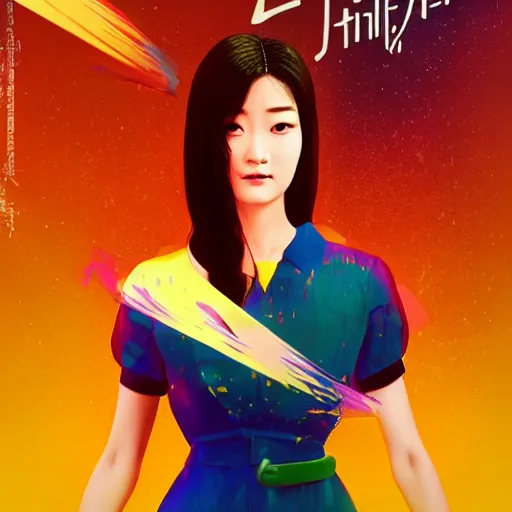 Image similar to half - electric jun ji hyun as belle with cute - fine - face, pretty face, oil slick multicolored hair, perfect face, extremely fine details, volumetric lighting, dynamic background, poster by ilya kuvshinov, mamoru hosada, katsuhiro otomo