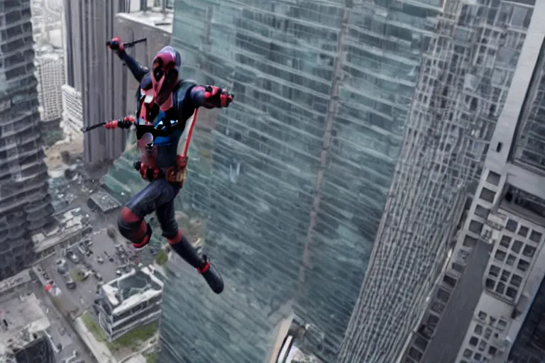 Image similar to 85mm Deadpool jumps off helicopter and smashes through high rise window by Emmanuel Lubezki