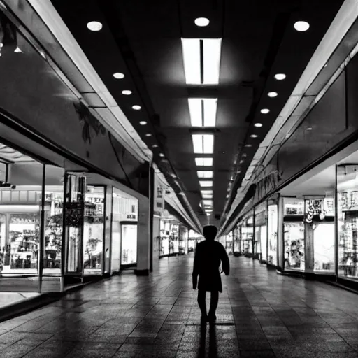 Prompt: a samurai walks alone through a mall at night, gloomy, dark, foggy, night, ominous, dark color, atmospheric, cinematic lighting, intricate detail?