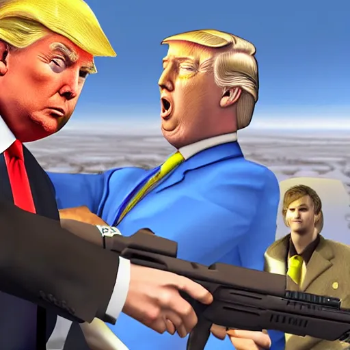 Prompt: Donald Trump in Garry’s mod game, holding the physics gun on the gmod map gm_flatgrass, gameplay footage,