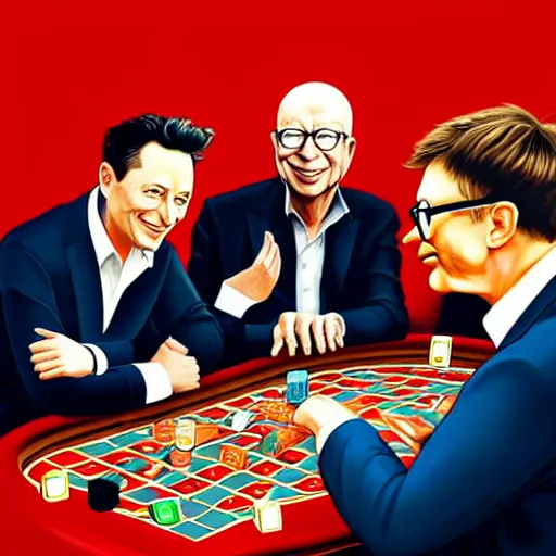 Image similar to UHD photorealistic Elon Musk playing poker with Satoshi Nakamoto, Klaus Schwab, and Bill Gates, hyperrealistic, correct details, cosmic dynamic lighting, symmetrical faces, accurate faces, in the style of art nouveau