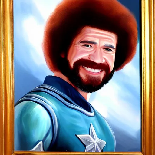 Image similar to Bob Ross as Captain America, oil painting, portrait