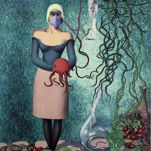 Prompt: a tall female pathology student holding an octopus, a river flooding inside, medical supplies, vines, medical mask, syringes, pathology sample test tubes, pigs, plants in glass vase, water, river, rapids, canoe, pomegranate, berries dripping, waterfall, swans, acrylic on canvas, surrealist, by magritte and monet