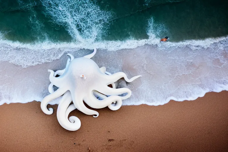 Image similar to photography of a gigantic white octopus walking at the shore of the beach, outside the water, national geographic, evening, award winner, nature