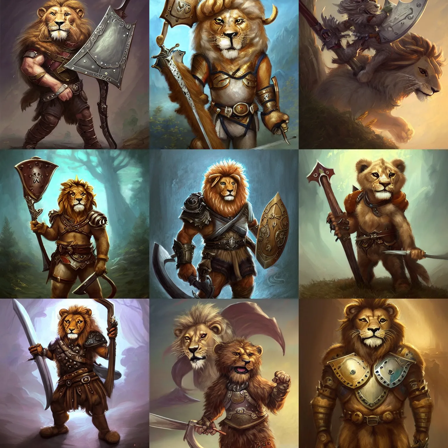 Prompt: cute little anthropomorphic lion, wielding a sword and shield, tiny, small, short, warrior armor, cute and adorable, pretty, beautiful, dnd character art portrait, matte fantasy painting, deviantart artstation, by jason felix by steve argyle by tyler jacobson by peter mohrbacher, cinema