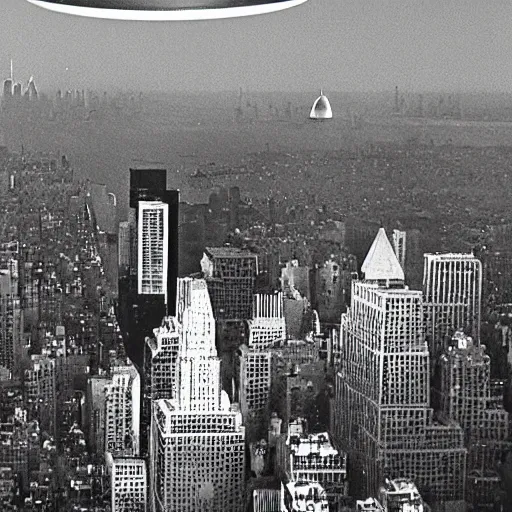 Prompt: a photograph of a ufo above new york taken by a phone camera, black and white