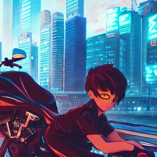 Image similar to anime style akira key character and motorcycle city landscape, 4k, anime key visual, lois van baarle, ilya kuvshinov, rossdraws, artstation