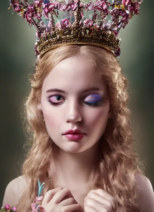 Prompt: closeup face profile portrait of a fairytale princess wearing a crown eating cakes, bikini, depth of field, zeiss lens, detailed, symmetrical, centered, fashion photoshoot, by nicoletta ceccoli, mark ryden, lostfish, breathtaking, 8 k resolution, extremely detailed, beautiful, establishing shot, artistic, hyperrealistic, octane render